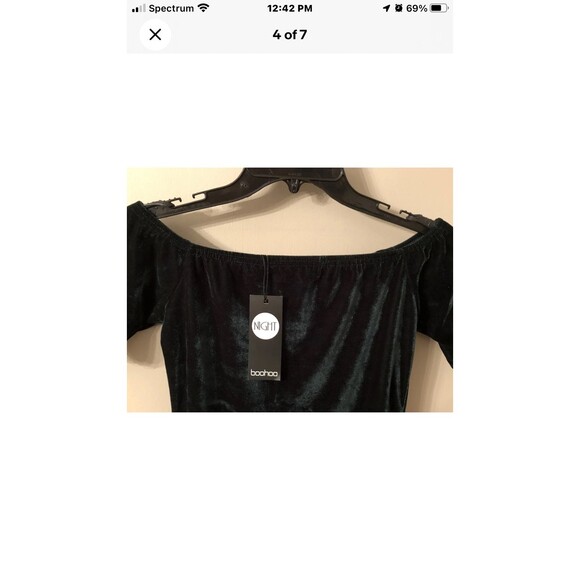 BOOHOO SIZE 10 NWT EMERALD GREEN VELVET OFF THE SHOULDER BODYCON DRESS - Picture 5 of 8